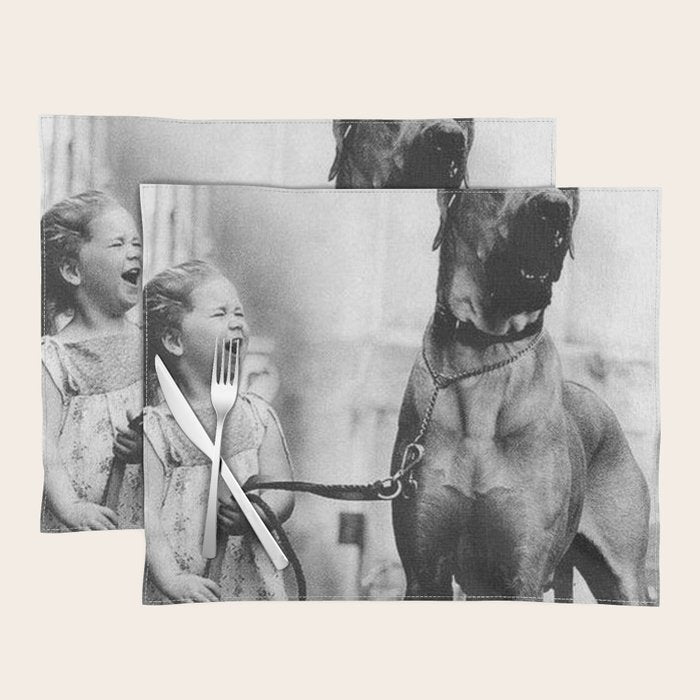 The Happiness of Little Girls and Great Danes black and white photograph Placemat Gallery Image 1