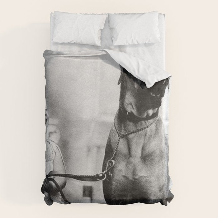 The Happiness of Little Girls and Great Danes black and white photograph Duvet Cover Gallery Image 1