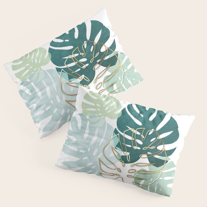 Tropical minimal / green, turquoise and gold monstera Pillow Sham Gallery Image 3