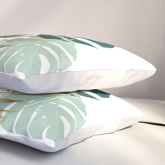 Tropical minimal / green, turquoise and gold monstera Pillow Sham Gallery Image 3