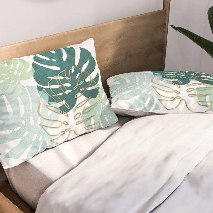Tropical minimal / green, turquoise and gold monstera Pillow Sham Gallery Image 2