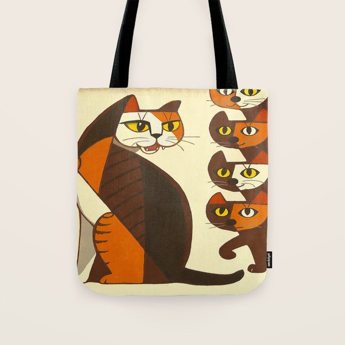 Inagaki Tomoo Vintage Japanese Woodblock print mid century Modern Cubism Art Cats Feline Tote Bag Gallery Image 1