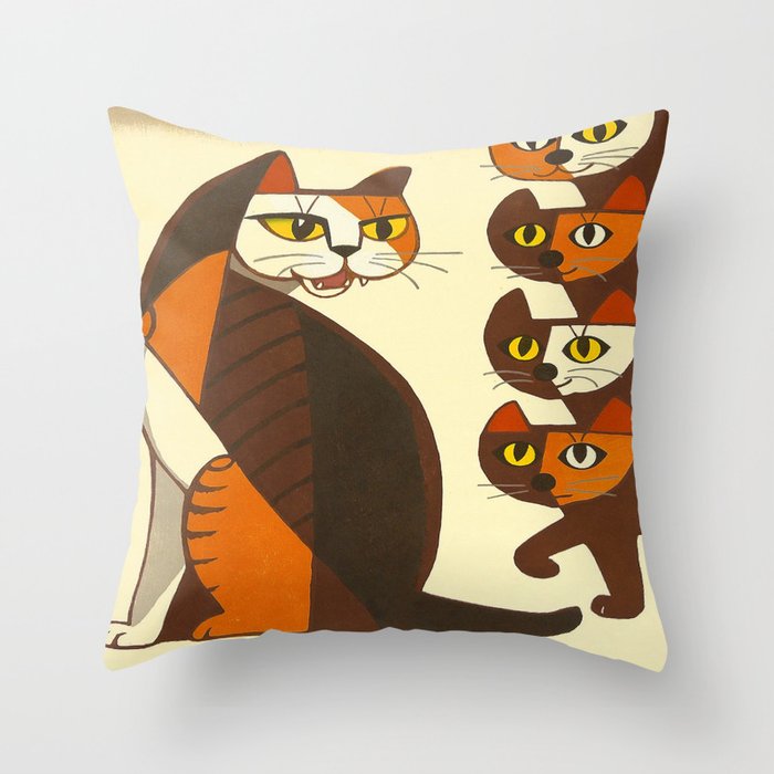 Inagaki Tomoo Vintage Japanese Woodblock print mid century Modern Cubism Art Cats Feline Throw Pillow Gallery Image 6