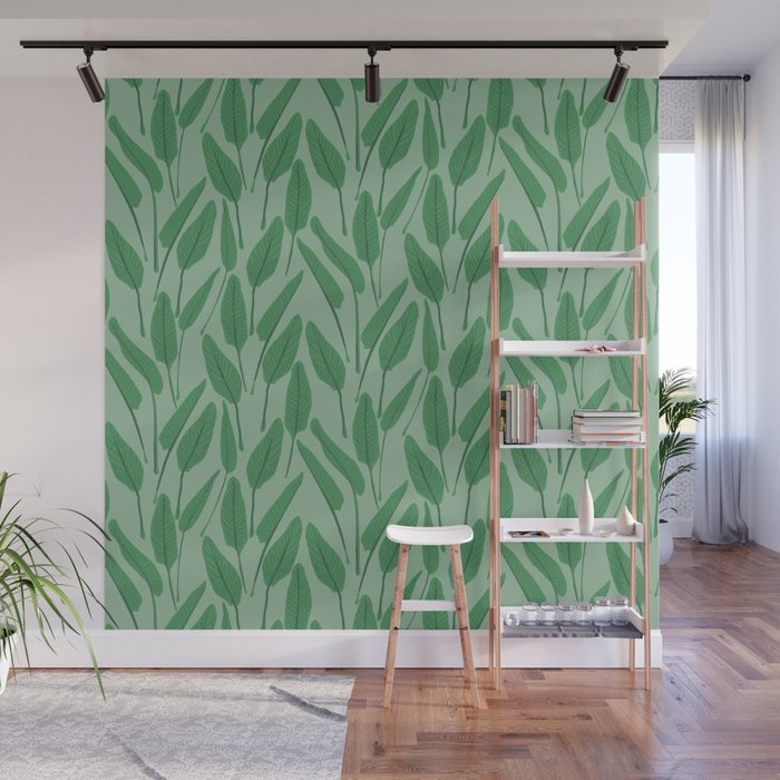 Tropical leaf pattern in cool greens Wall Mural Gallery Image 1