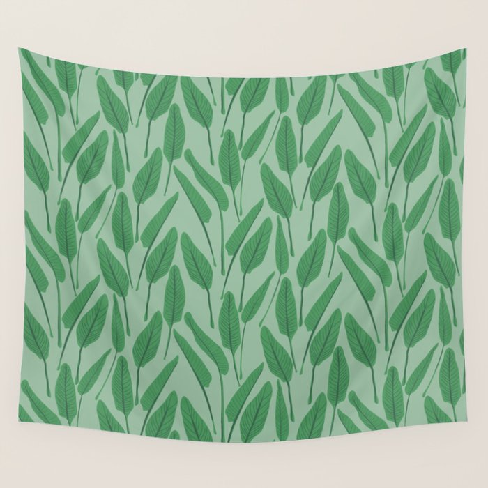 Tropical leaf pattern in cool greens Wall Tapestry Gallery Image 1