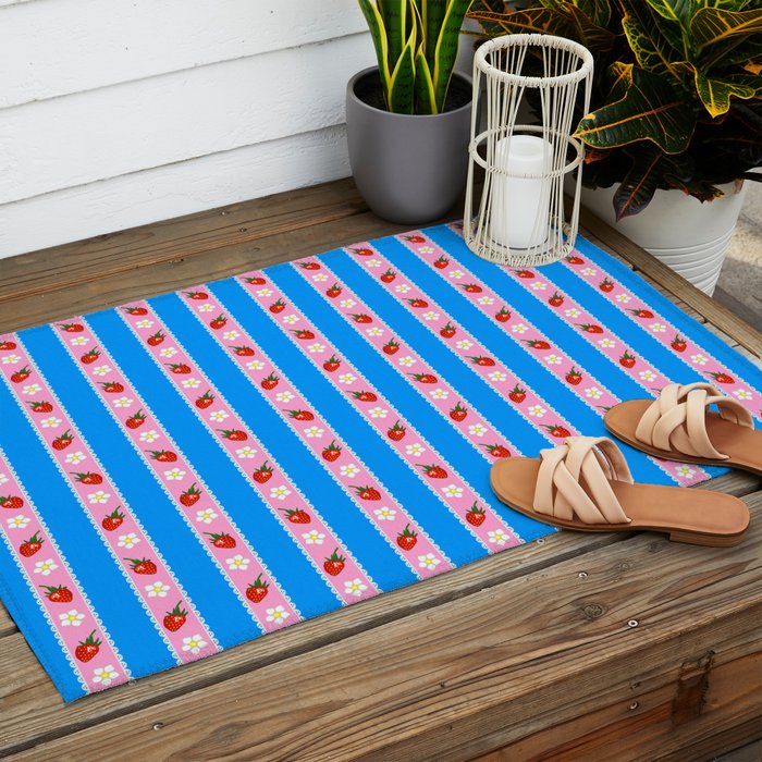 Strawberry Ribbons On Blue Outdoor Rug Gallery Image 2