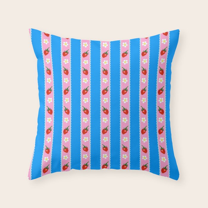 Strawberry Ribbons On Blue Throw Pillow Gallery Image 6