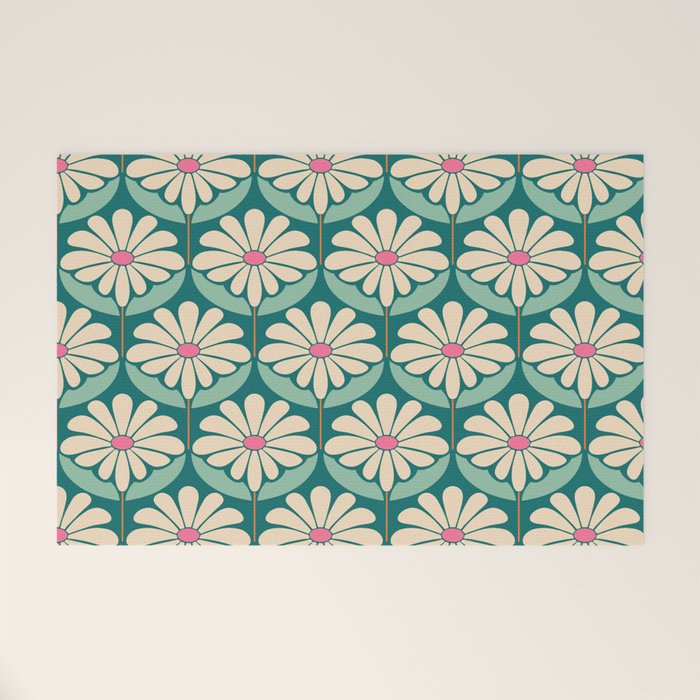 Flower Power - Teal, Pink and Off-white Welcome Mat Gallery Image 1