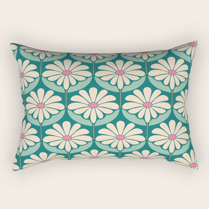 Flower Power - Teal, Pink and Off-white Rectangular Pillow Gallery Image 1