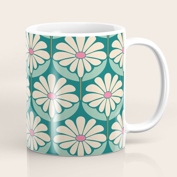 Flower Power - Teal, Pink and Off-white Coffee Mug Gallery Image 1
