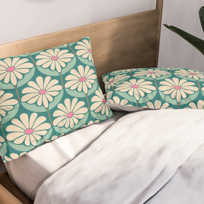 Flower Power - Teal, Pink and Off-white Pillow Sham Gallery Image 2