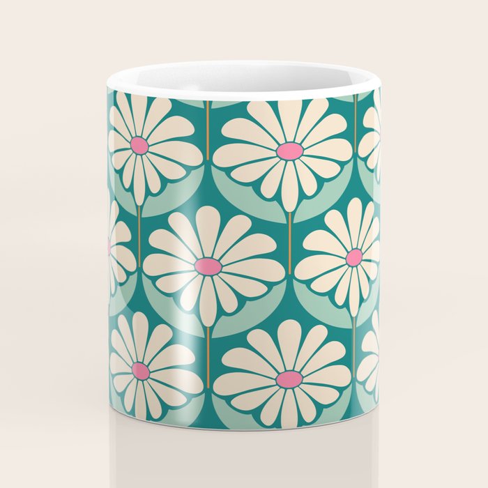 Flower Power - Teal, Pink and Off-white Coffee Mug Gallery Image 4