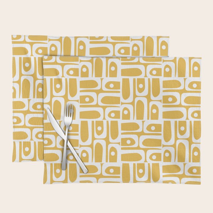 Mid Century Modern Piquet Geometric Multi Pattern in Golden Mustard Yellow and White Placemat Gallery Image 1