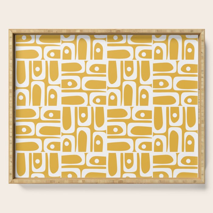 Mid Century Modern Piquet Geometric Multi Pattern in Golden Mustard Yellow and White Serving Tray Gallery Image 1