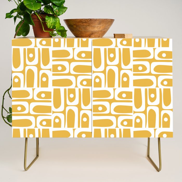 Mid Century Modern Piquet Geometric Multi Pattern in Golden Mustard Yellow and White Credenza Gallery Image 1