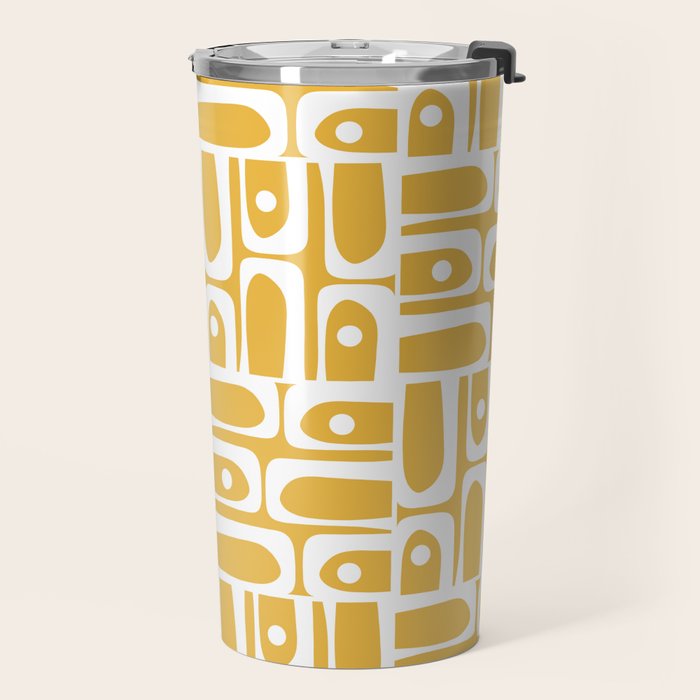 Mid Century Modern Piquet Geometric Multi Pattern in Golden Mustard Yellow and White Travel Mug Gallery Image 2