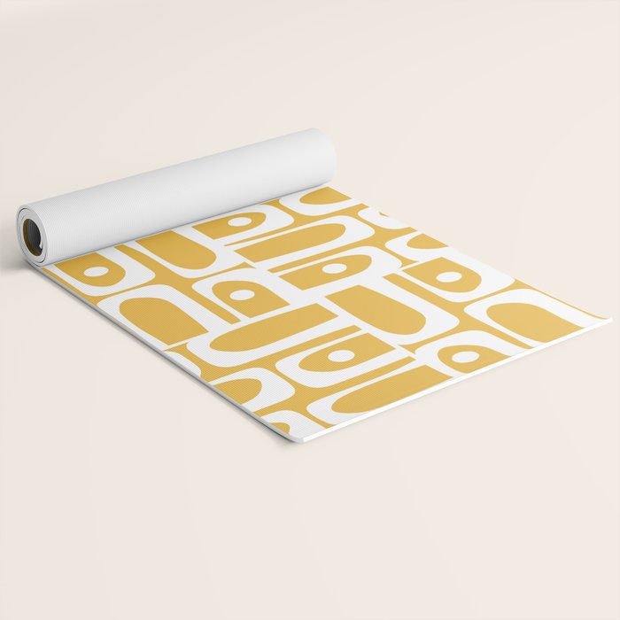 Mid Century Modern Piquet Geometric Multi Pattern in Golden Mustard Yellow and White Yoga Mat Gallery Image 2