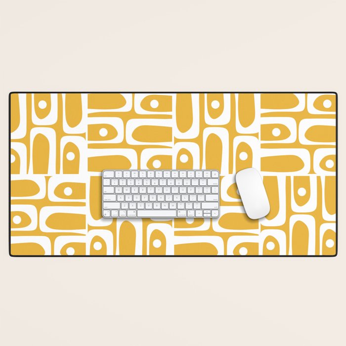 Mid Century Modern Piquet Geometric Multi Pattern in Golden Mustard Yellow and White Desk Mat Gallery Image 1