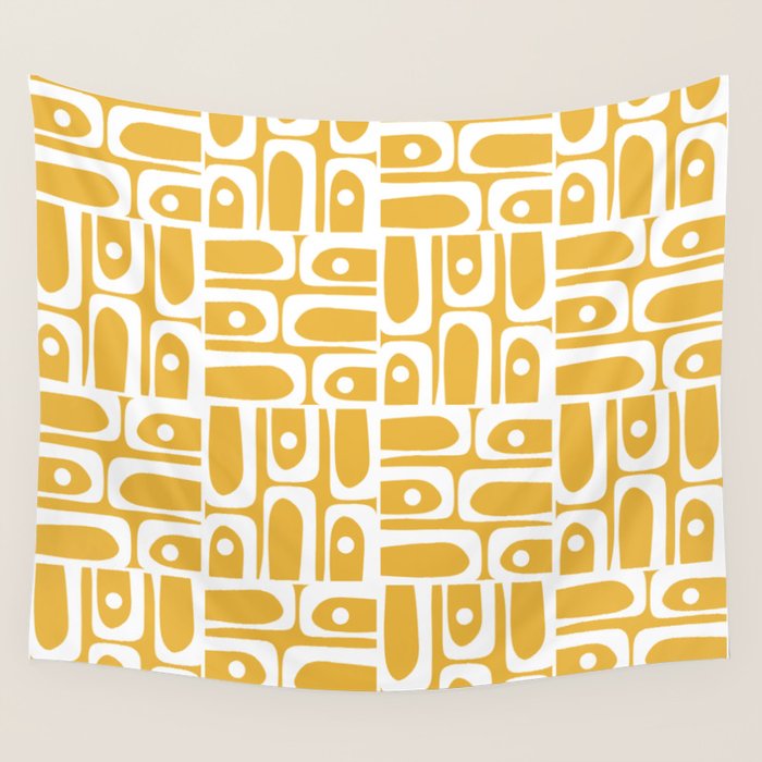 Mid Century Modern Piquet Geometric Multi Pattern in Golden Mustard Yellow and White Wall Tapestry Gallery Image 4