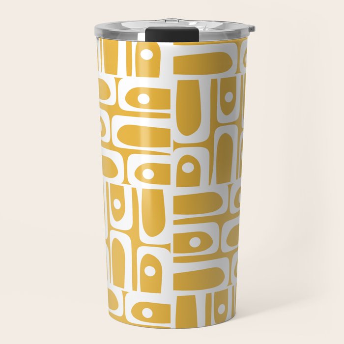 Mid Century Modern Piquet Geometric Multi Pattern in Golden Mustard Yellow and White Travel Mug Gallery Image 1