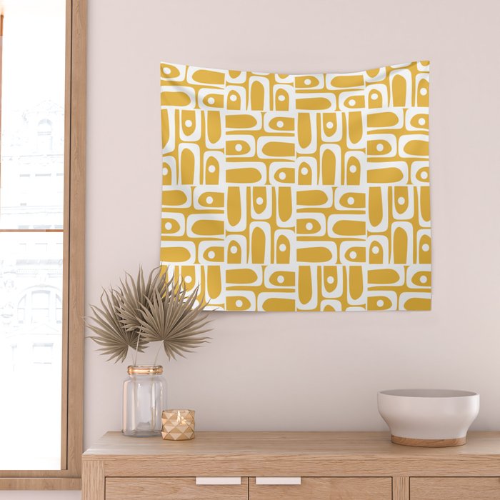 Mid Century Modern Piquet Geometric Multi Pattern in Golden Mustard Yellow and White Wall Tapestry Gallery Image 2