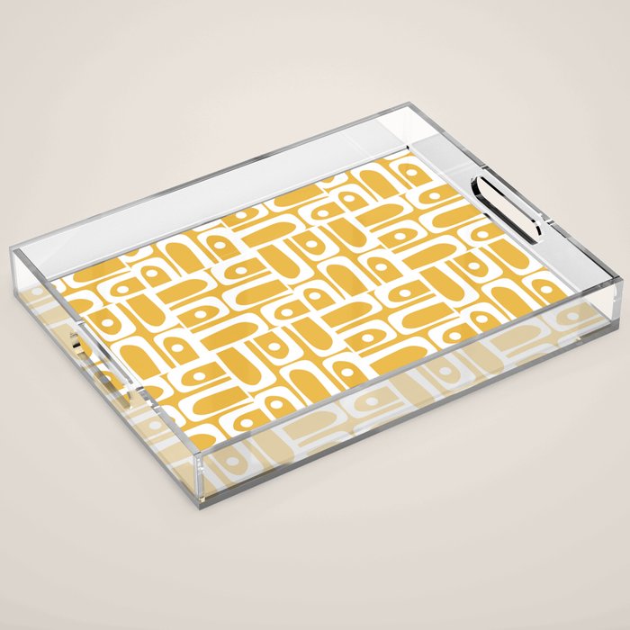 Mid Century Modern Piquet Geometric Multi Pattern in Golden Mustard Yellow and White Acrylic Tray Gallery Image 1