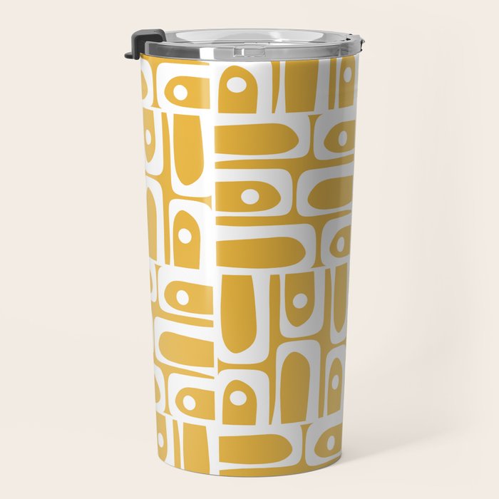 Mid Century Modern Piquet Geometric Multi Pattern in Golden Mustard Yellow and White Travel Mug Gallery Image 3