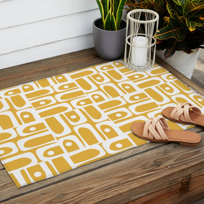 Mid Century Modern Piquet Geometric Multi Pattern in Golden Mustard Yellow and White Outdoor Rug Gallery Image 2