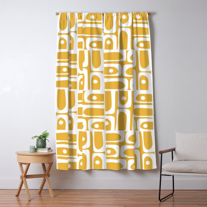 Mid Century Modern Piquet Geometric Multi Pattern in Golden Mustard Yellow and White Window Curtain Gallery Image 5
