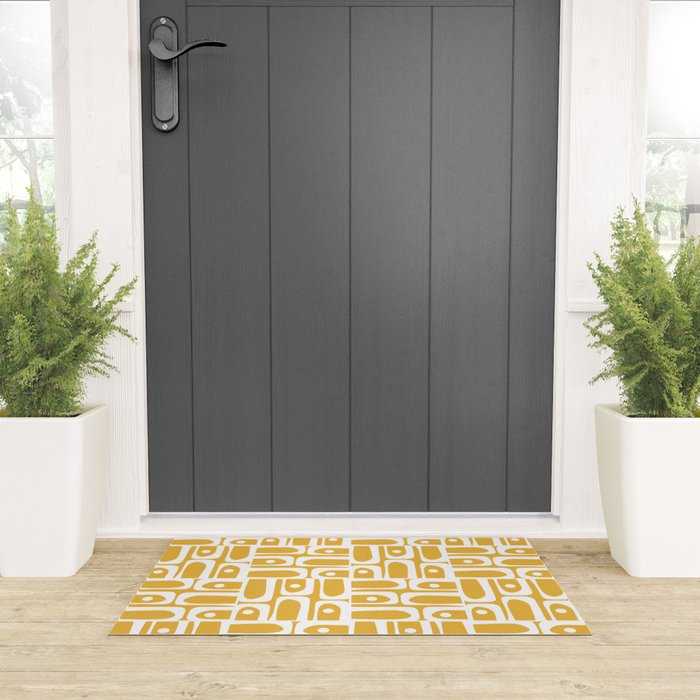 Mid Century Modern Piquet Geometric Multi Pattern in Golden Mustard Yellow and White Welcome Mat Gallery Image 3