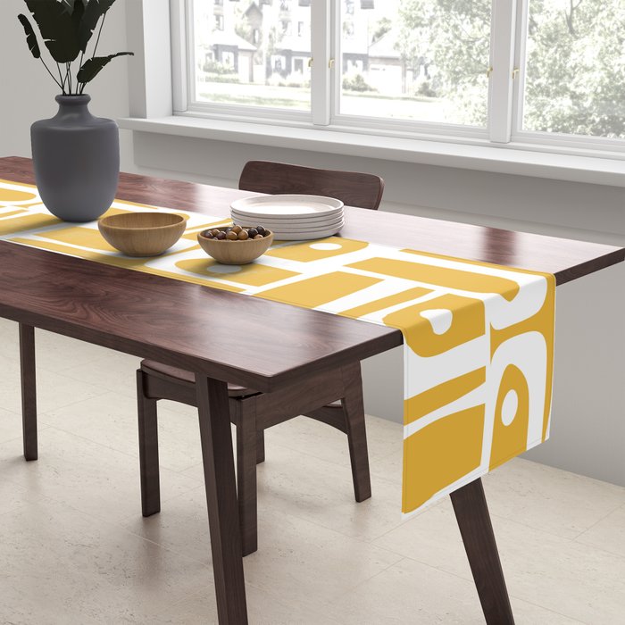 Mid Century Modern Piquet Geometric Multi Pattern in Golden Mustard Yellow and White Table Runner Gallery Image 2