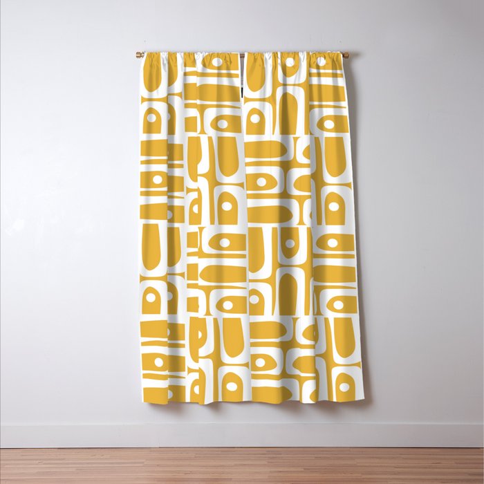 Mid Century Modern Piquet Geometric Multi Pattern in Golden Mustard Yellow and White Window Curtain Gallery Image 3