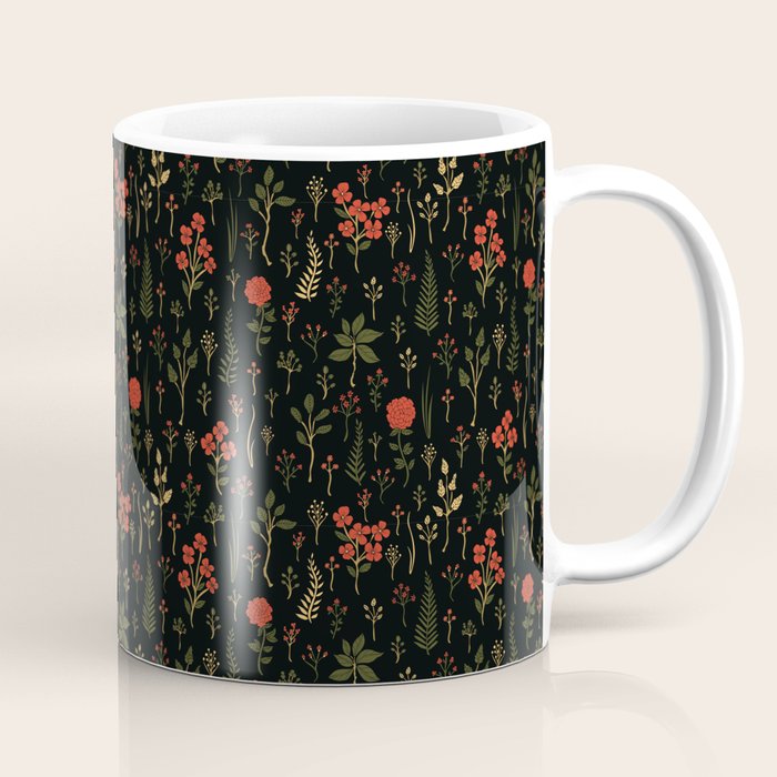 Green, Red-Orange, and Black Floral/Botanical Print Coffee Mug Gallery Image 1