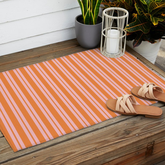 Pink and Orange Classic Double Stripe Vertical Pattern Outdoor Rug Gallery Image 2
