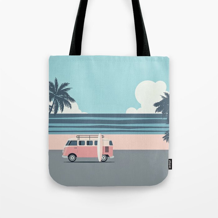 Surfer Graphic Beach Palm-Tree Camper-Van Art Tote Bag Gallery Image 1