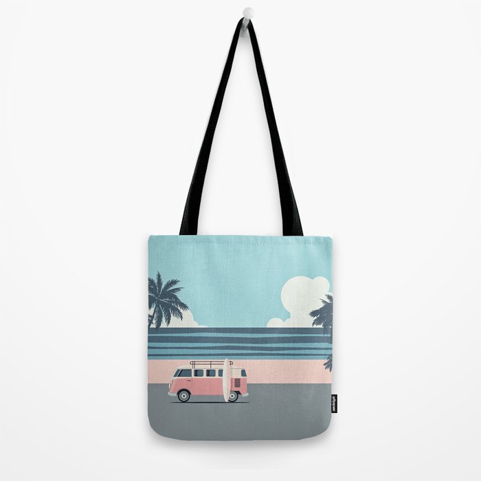 Surfer Graphic Beach Palm-Tree Camper-Van Art Tote Bag Gallery Image 2