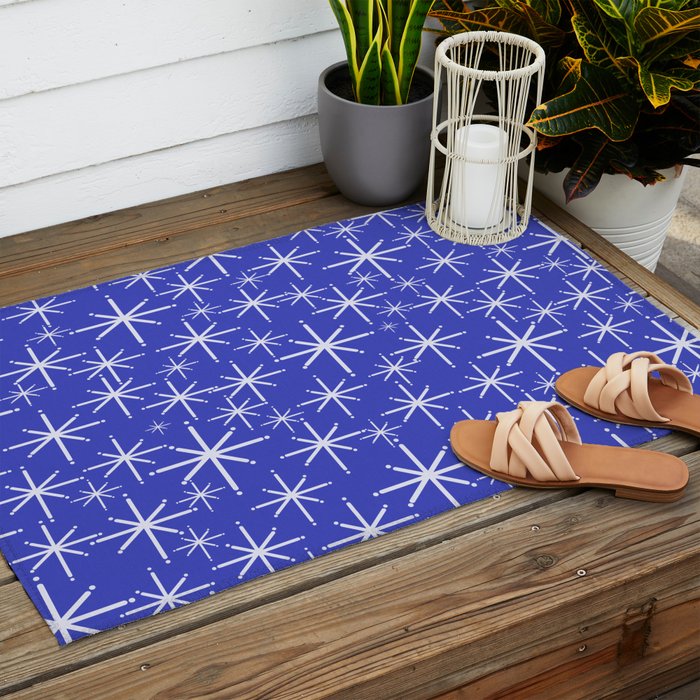 Mid Century Modern Twinkling Stars Retro Atomic Pattern in Blue Outdoor Rug Gallery Image 2