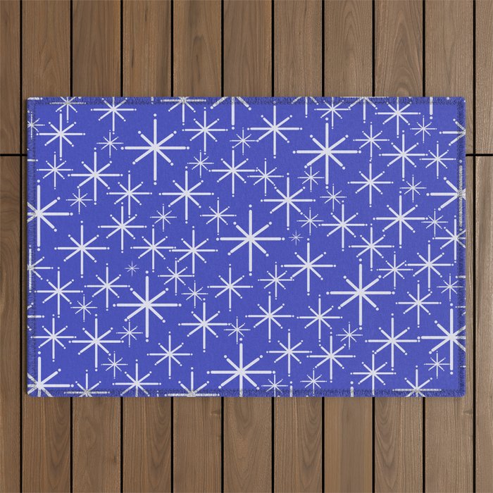 Mid Century Modern Twinkling Stars Retro Atomic Pattern in Blue Outdoor Rug Gallery Image 1