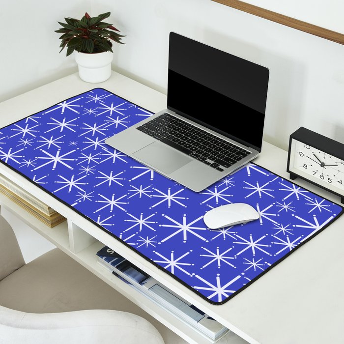Mid Century Modern Twinkling Stars Retro Atomic Pattern in Blue Desk Mat Gallery Image 2