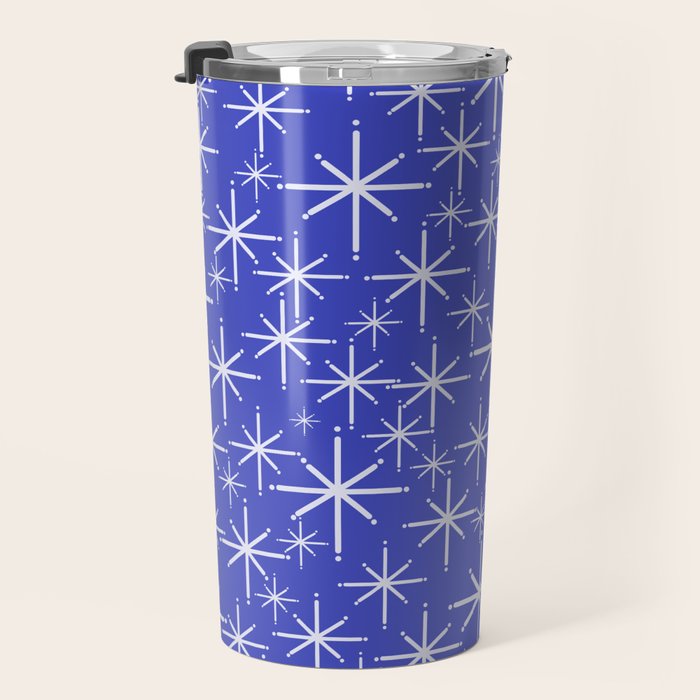 Mid Century Modern Twinkling Stars Retro Atomic Pattern in Blue Travel Mug Gallery Image 3