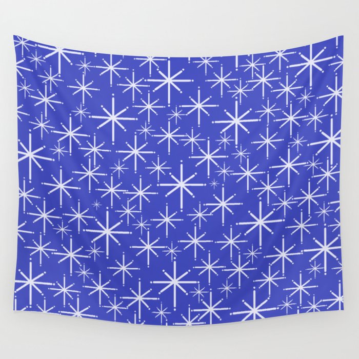 Mid Century Modern Twinkling Stars Retro Atomic Pattern in Blue Wall Tapestry Gallery Image 4