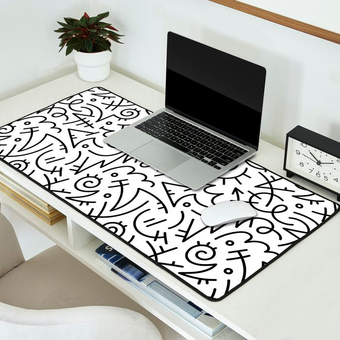 Abstract black and white line doodle pattern Desk Mat Gallery Image 2