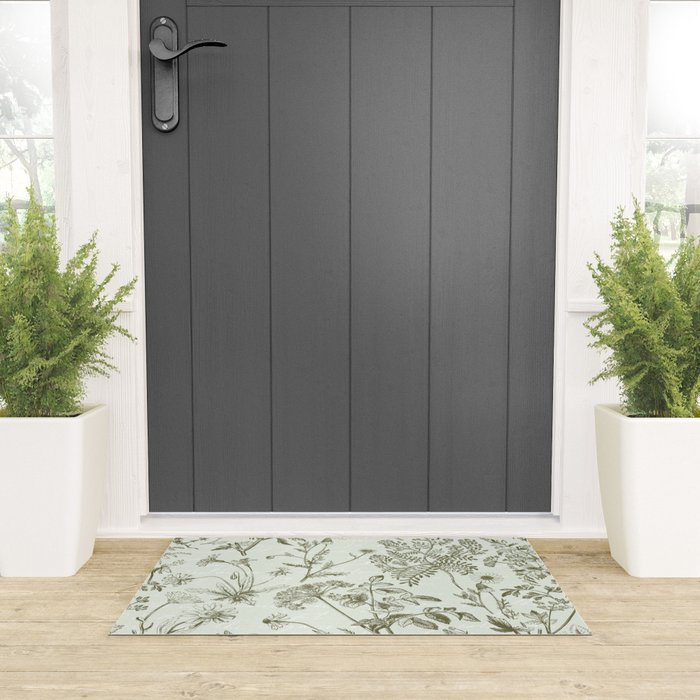 Meadow Floral Herbarium Cottagecore  Botanical Monochromatic Pattern - Pistachio Green  Welcome Mat Gallery Image 3
