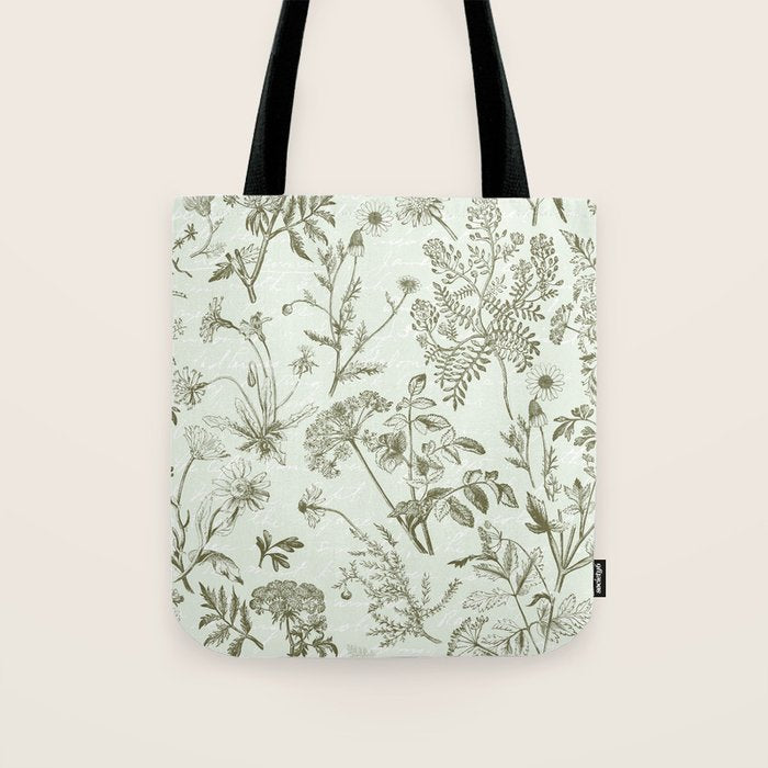 Meadow Floral Herbarium Cottagecore  Botanical Monochromatic Pattern - Pistachio Green  Tote Bag Gallery Image 1