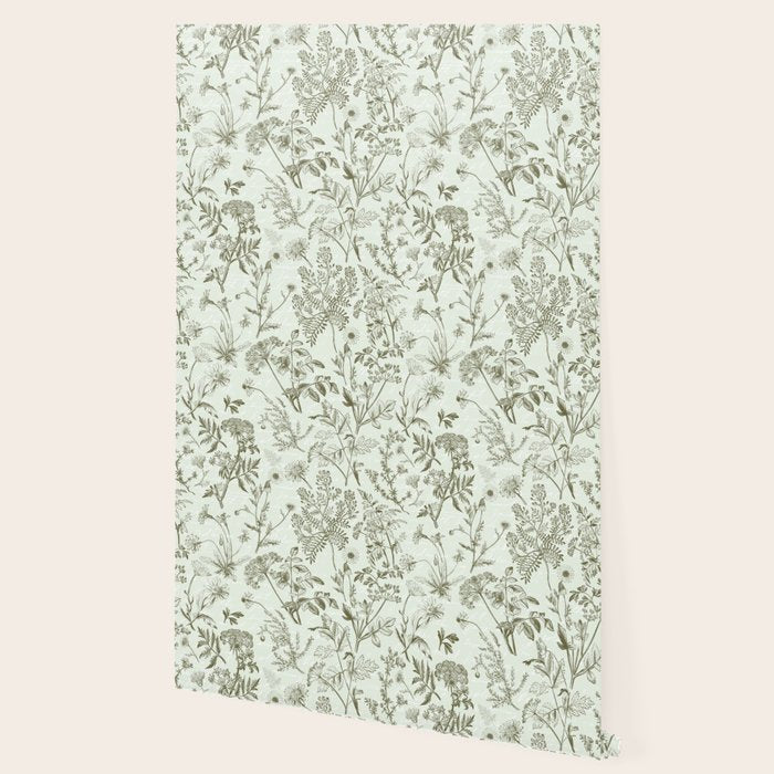 Meadow Floral Herbarium Cottagecore  Botanical Monochromatic Pattern - Pistachio Green  Wallpaper Gallery Image 2