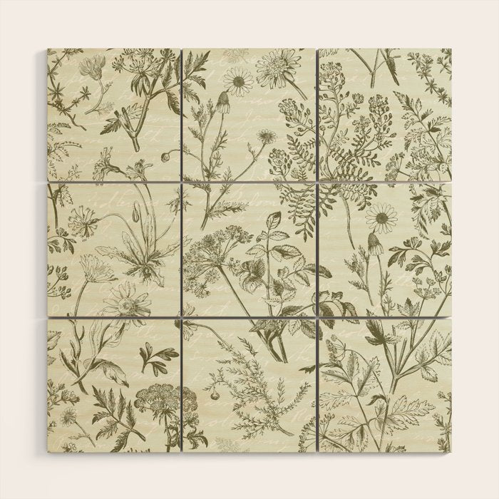 Meadow Floral Herbarium Cottagecore  Botanical Monochromatic Pattern - Pistachio Green  Wood Wall Art Gallery Image 1