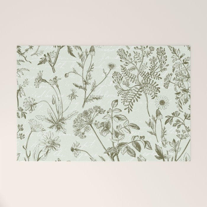 Meadow Floral Herbarium Cottagecore  Botanical Monochromatic Pattern - Pistachio Green  Welcome Mat Gallery Image 1
