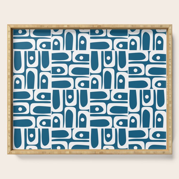 Mid Century Modern Piquet Abstract Multi Geometric Blue and White Pattern Serving Tray Gallery Image 1
