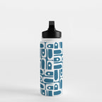 Mid Century Modern Piquet Abstract Multi Geometric Blue and White Pattern Water Bottle Gallery Image 3