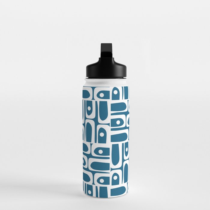 Mid Century Modern Piquet Abstract Multi Geometric Blue and White Pattern Water Bottle Gallery Image 3